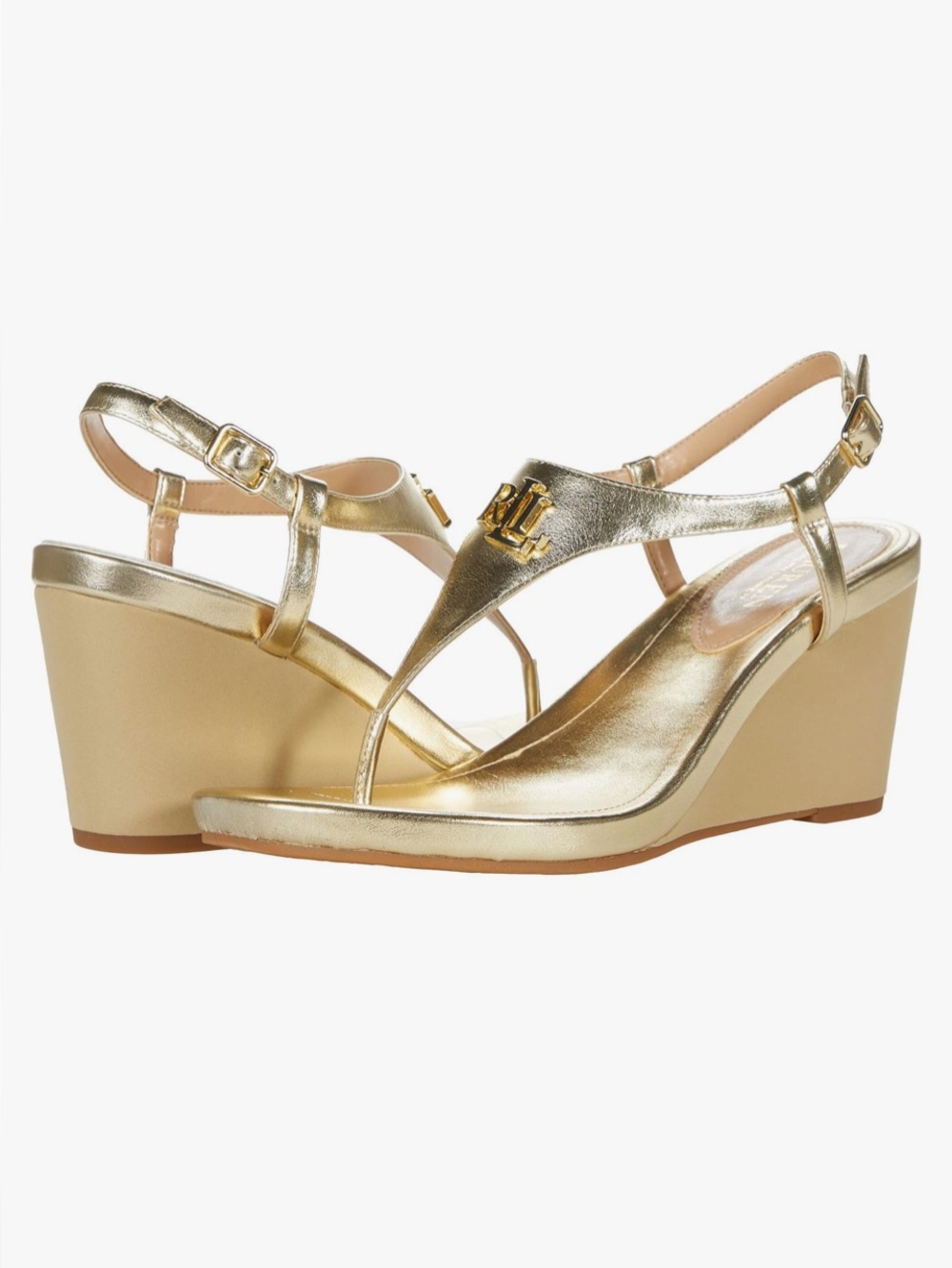 Ralph Lauren Gold Wedge Thong Sandals - Designer Logo Accent